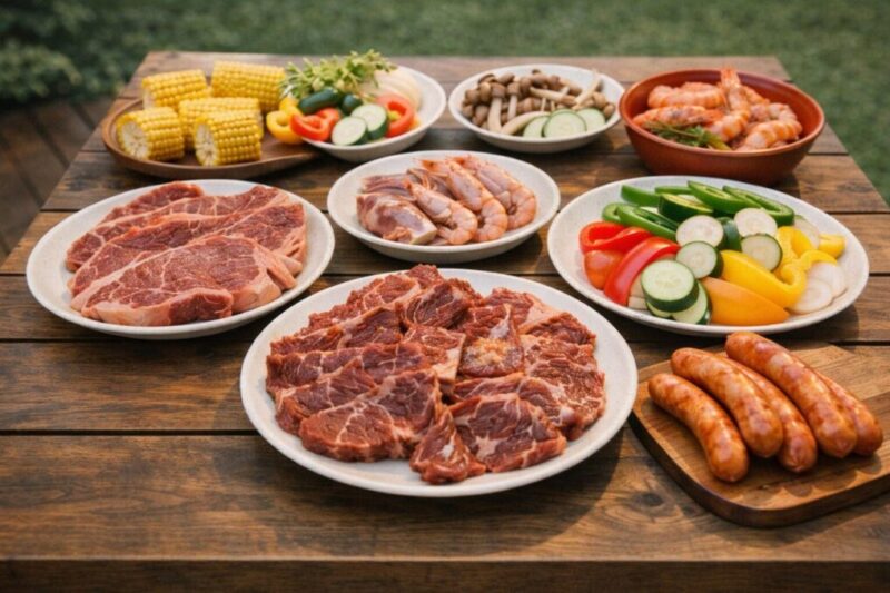 BBQ用に用意した肉や野菜、海鮮をテーブルに並べた食材イメージ