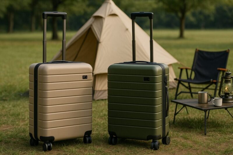 木製テーブルの上で旅行用スーツケースとキャンプ向きキャリーケースを並べて機能の違いを比べている様子