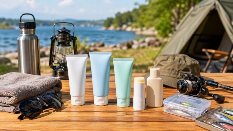 湖畔のキャンプ場で、日焼け止めや帽子、サングラス、タオル、釣り道具を並べて外遊び前の紫外線対策を準備するイメージ