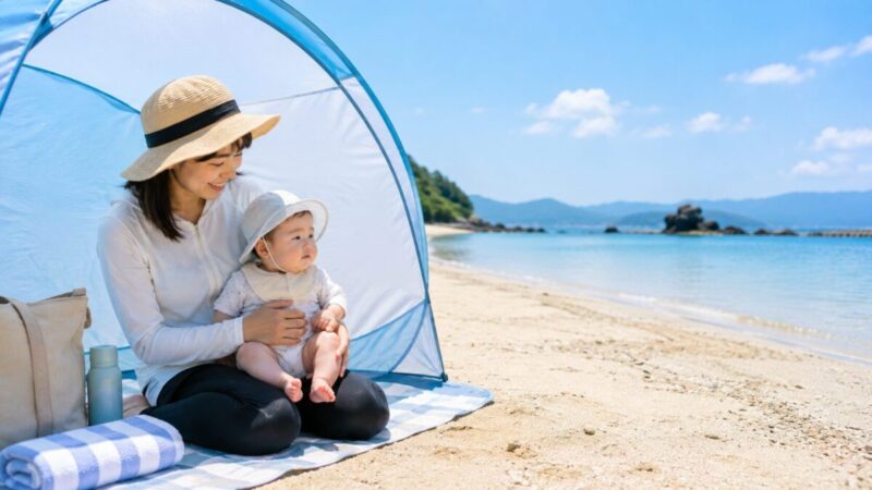 海辺のシェードの日陰で母親に抱かれながら穏やかな海を眺める0歳の赤ちゃん