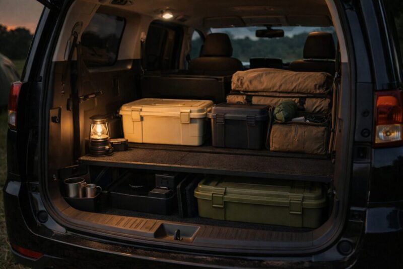ミニバンの収納スペースを役割分担して使っているイメージ