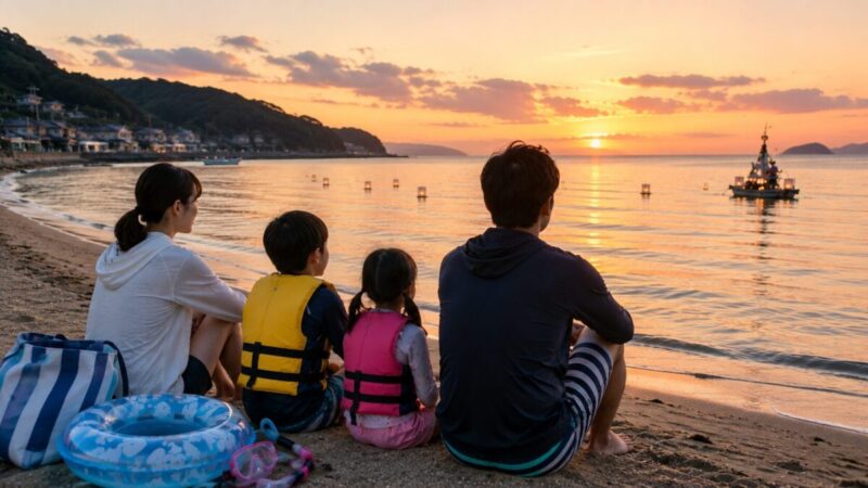 送り盆の夕暮れに海へ入らず灯籠と送り舟を見つめる家族