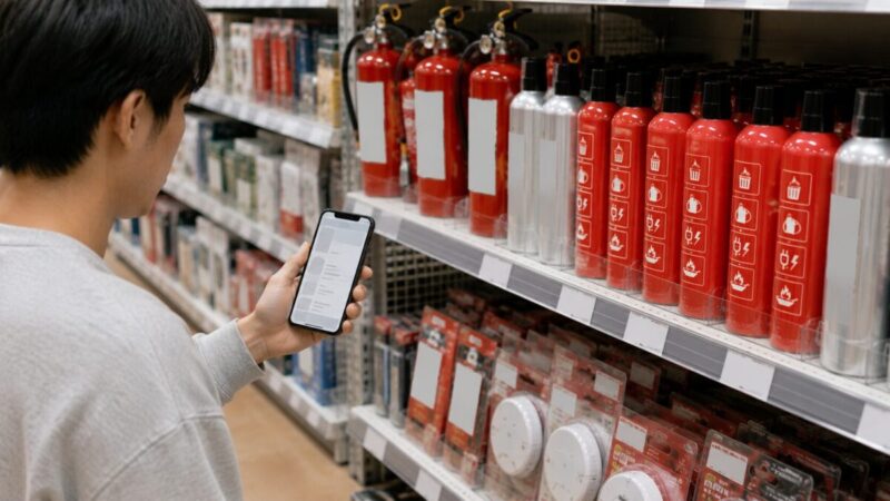 スマートフォンで店舗在庫を確認しながら消火スプレーを探す買い物客