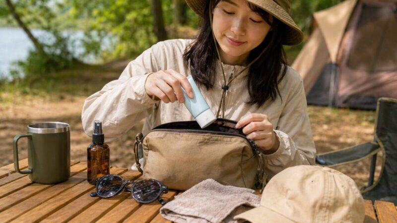小型の日焼け止めをアウトドアポーチに入れてキャンプや釣りに持ち歩くイメージ