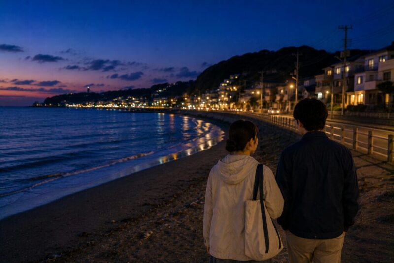 夜の海岸線と住宅の灯りを眺めながら静かに歩く大人2人