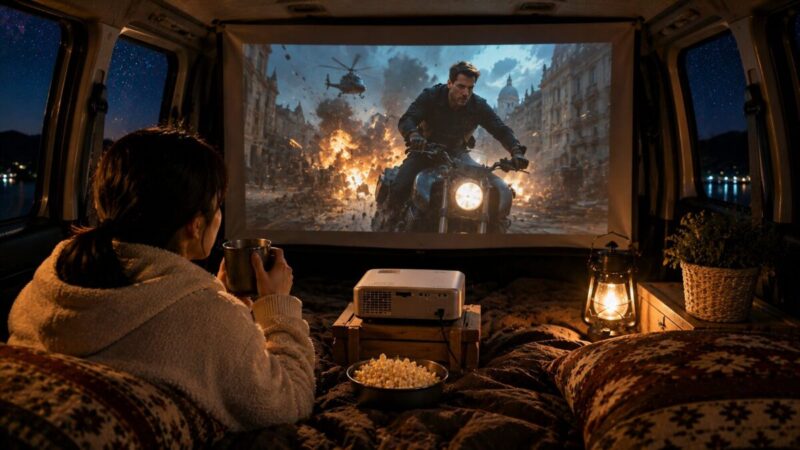 車中泊の車内でプロジェクターを使い、迫力あるアクション映画風の映像を大画面で楽しむ女性