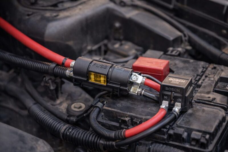 車の配線途中にヒューズホルダーや中継パーツが入っている取り付け例