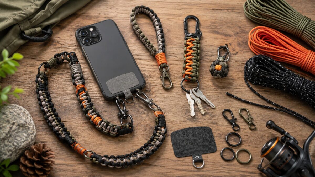 パラコードストラップ作成キットと完成したスマホショルダーのイメージ