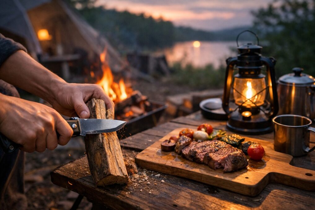 焚き火のそばのテーブルで、ナイフを使って薪を整えながら食材を準備している夕暮れのキャンプ風景
