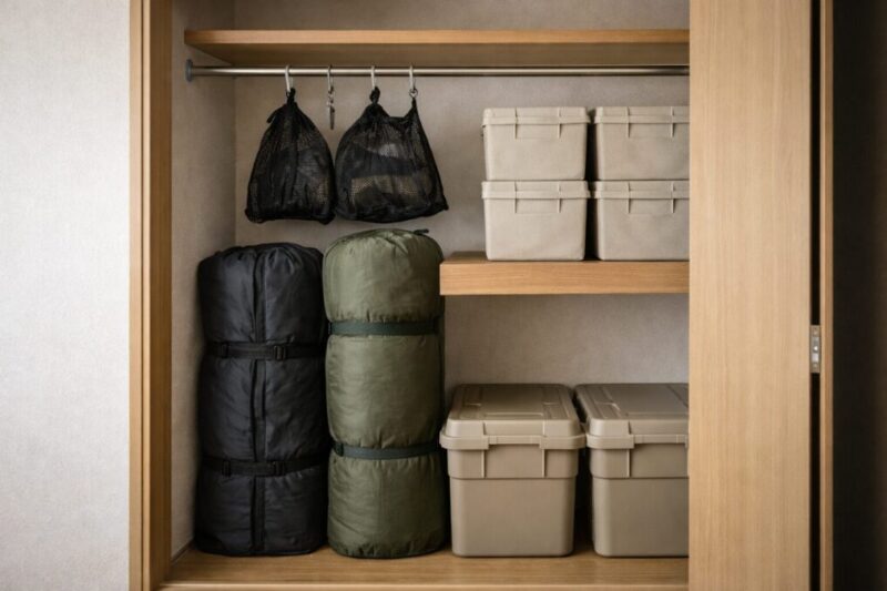 クローゼット内でキャンプ用品を縦置きと吊るしで省スペース収納するイメージ