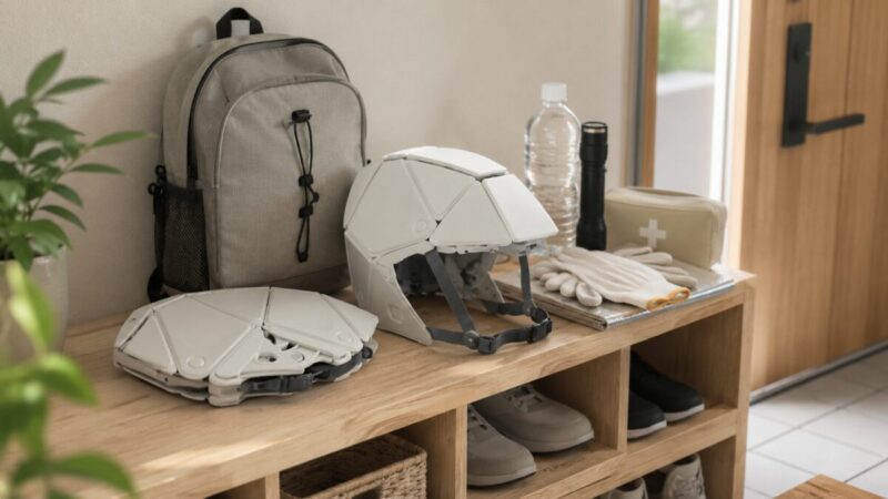 玄関棚に折りたたみ防災ヘルメットと非常用品をまとめて置いた取り出しやすい収納のイメージ