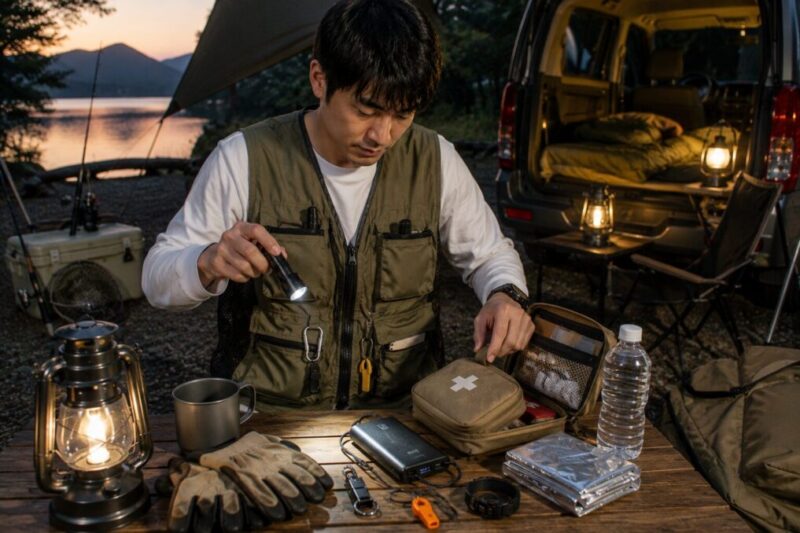 湖畔のキャンプと車中泊で防災ベストやライト、救急用品を普段使いしながら備える様子