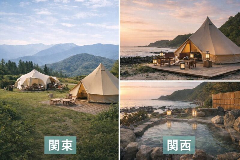関西と関東の立地別にグランピング施設を比較するイメージ