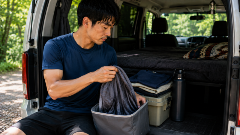 車中泊の休憩時に乾いたシャツへ着替え、濡れたインナーを分けて収納する男性