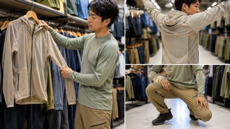 通気性のあるメッシュパーカーとストレッチパンツの動きやすさを店頭で確認する様子