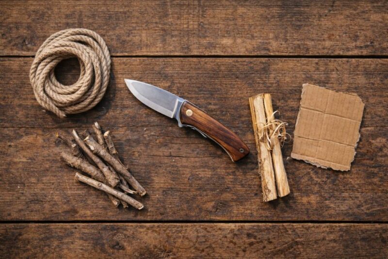 木目テーブルに折りたたみナイフとロープ、小枝、フェザースティック、段ボール片を並べて用途を示した俯瞰イメージ