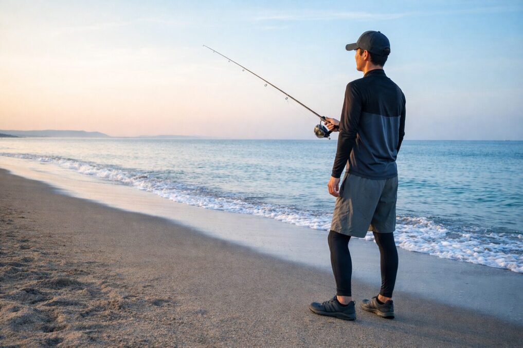 夏のサーフ釣り服装の全体像がわかる、長袖とレギンスを取り入れた大人向けコーデ例。