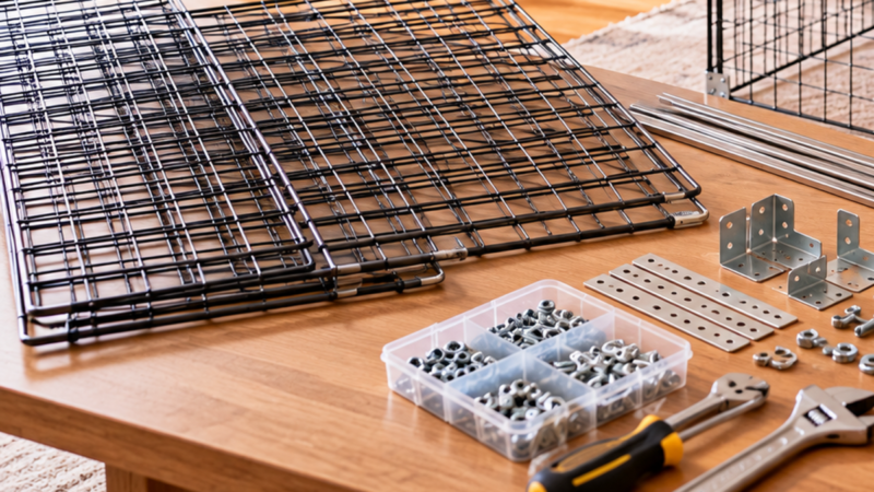 ストーブガードの手作りに使う金属製ワイヤーメッシュと固定金具を並べたDIY準備風景