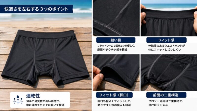 水着用インナーの伸縮素材や平らな縫い目とウエストのフィット感を確認する様子