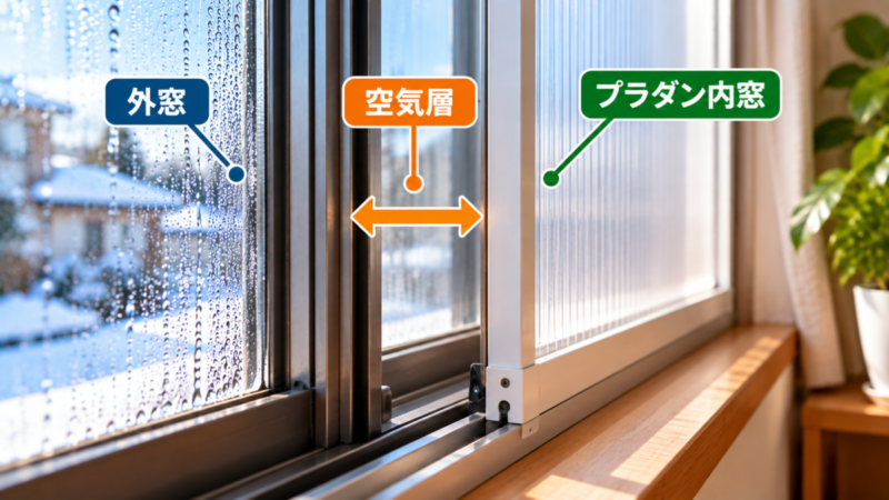 外窓とプラダン内窓の間に空気層を作った二重窓の構造