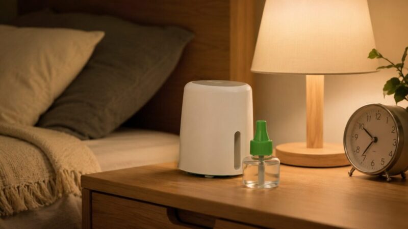 寝室でリキッド式の電気蚊取り器と薬剤ボトルを置いて長時間使用を確認する様子