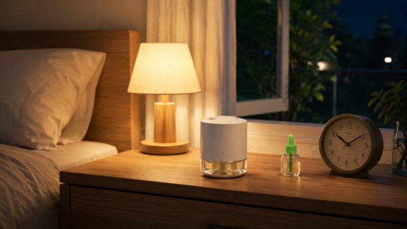 寝室で煙が出ない電気式蚊取り器を使いながら静かに蚊対策をする様子