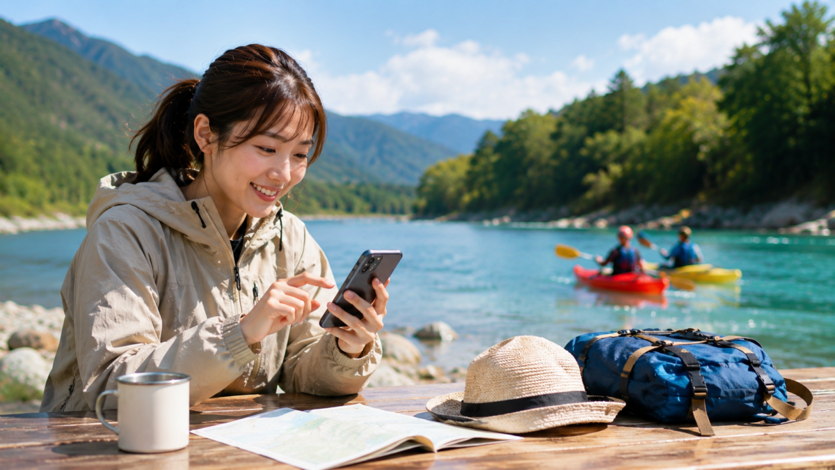 スマートフォンで次の外遊びを探す女性と川でカヤックを楽しむ人々