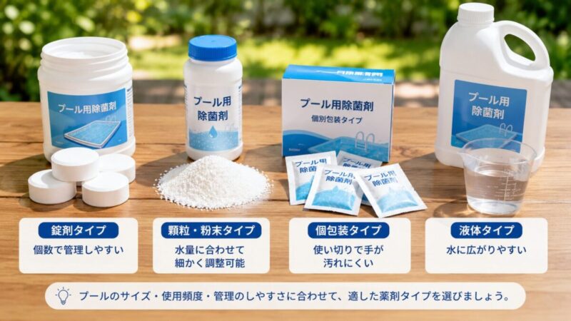 家庭用プールに使う錠剤・顆粒・個包装・液体タイプの薬剤を種類別に並べた比較