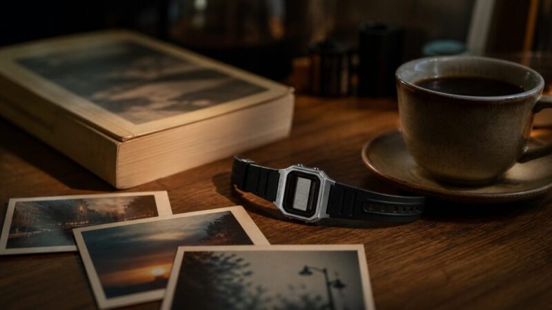 レトロなデジタル腕時計をコーヒーや写真と一緒に置いた日常映画風のイメージ