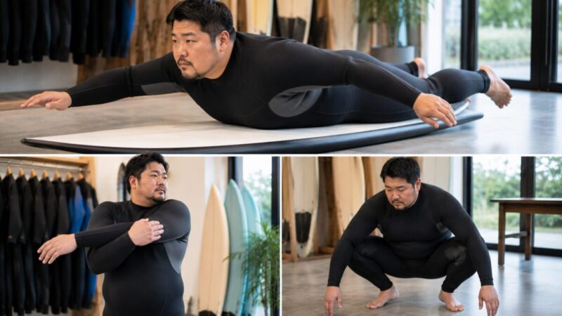 ウェットスーツを着てパドリングや屈伸を行い肩と股関節の動きやすさを確認する男性