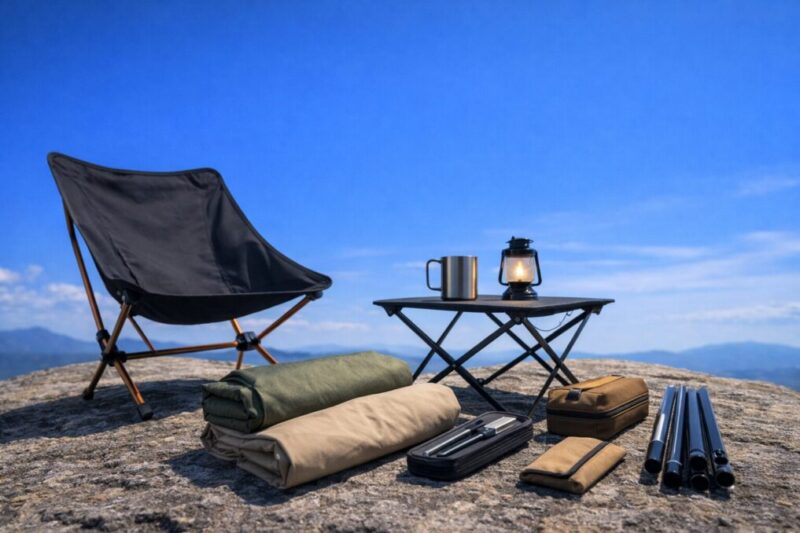青空を背景に、岩の上に折りたたみチェアと小さなテーブル、マグカップや小物が並んでいる風景。