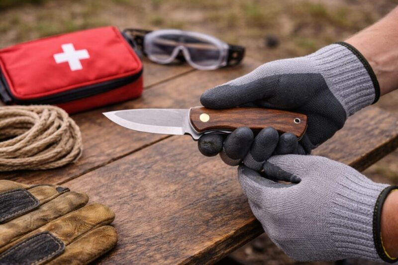 手袋を着けた手元で折りたたみナイフを安全な向きで扱い、周囲の道具も整理しているイメージ