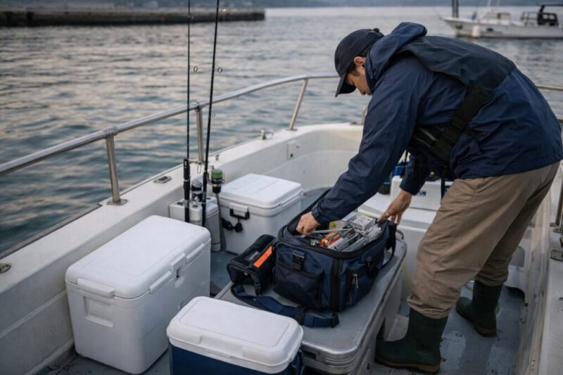 船上で持ち物を確認しながら釣行準備をする初心者のイメージ