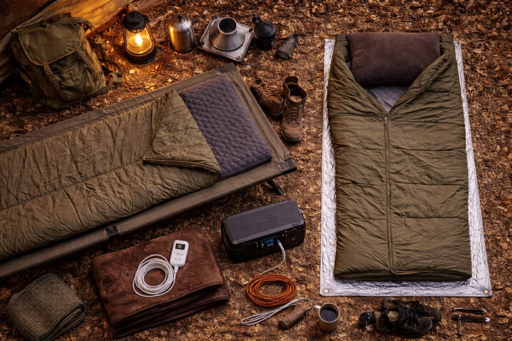 コットと電気毛布を中心に、断熱材や寝袋、電源類まで一式を並べた冬キャンプの就寝セット