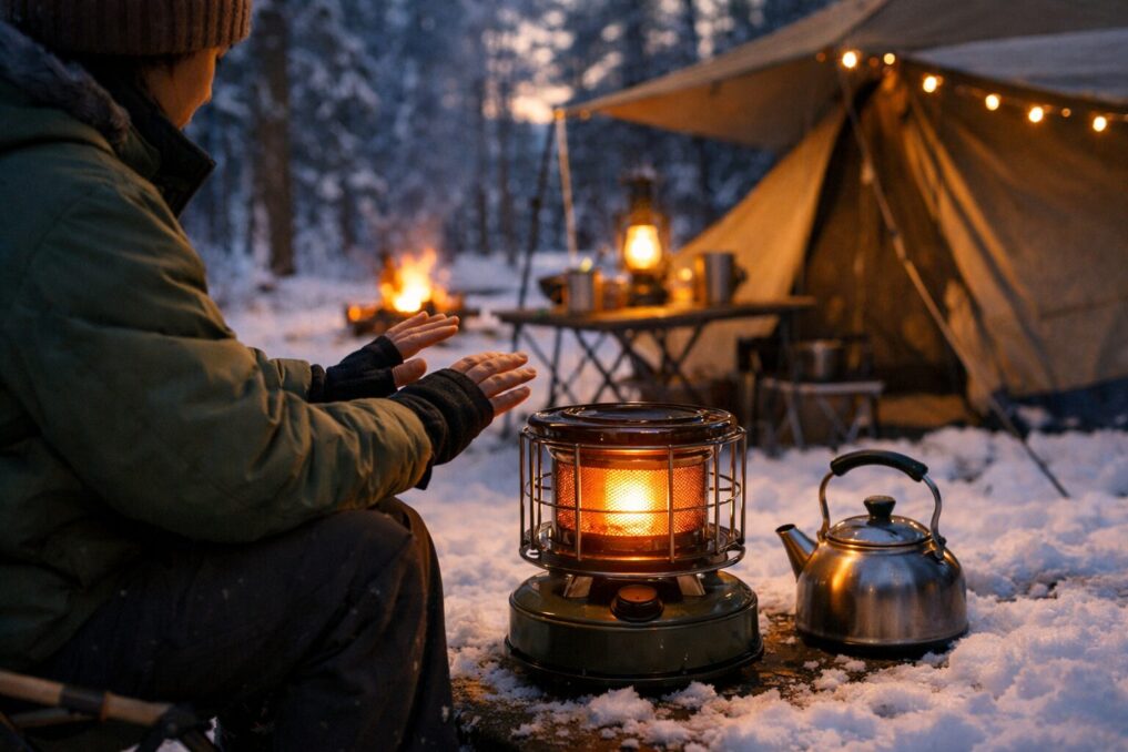 雪のキャンプ場で小型ガスストーブの前にやかんを置き、防寒した人が手をかざして暖を取っている様子