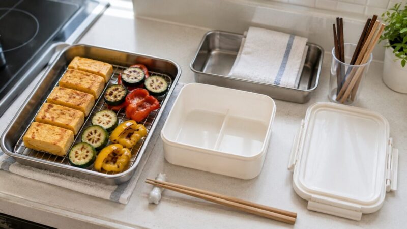 金属バットで卵焼きと焼き野菜を冷まし、清潔な弁当箱へ詰める準備をしているキッチンの様子。