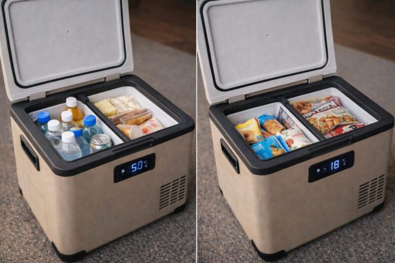 冷蔵向けと冷凍向けの使い方を比較したポータブル冷蔵庫の例