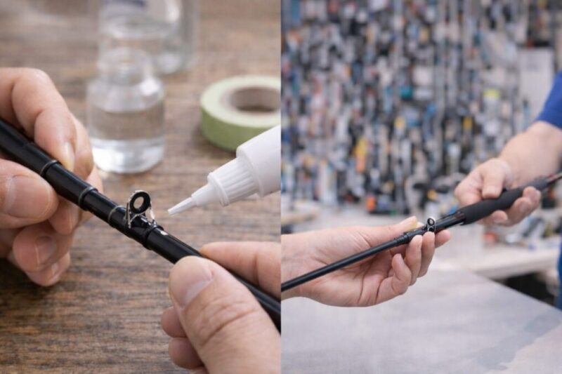 自宅で釣竿を補修する場面と釣具店で修理を相談する場面を見比べられる比較イメージ