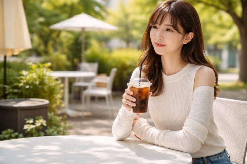 屋外カフェで薄手トップスにアームウォーマーを合わせ、冷たい飲み物を持ってくつろぐ様子