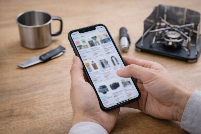 スマホで商品一覧を確認しながら、横に道具を置いて用途を見極めているイメージ