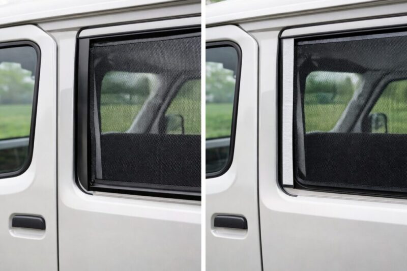 マグネット固定と内側固定の違いがわかる車用網戸DIYの比較イメージ