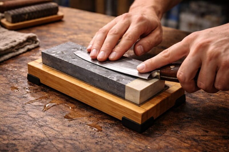 濡れた砥石の上でナイフの角度をそろえ、基本の研ぎ動作を確認している手元のイメージ