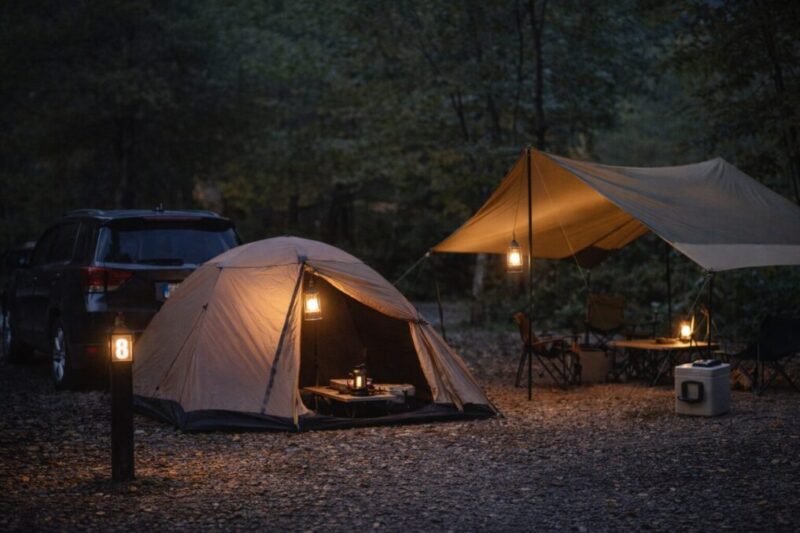 車を横付けできる区画サイトにテントとタープを張り、荷物をまとめて動きやすくしているキャンプ場の様子