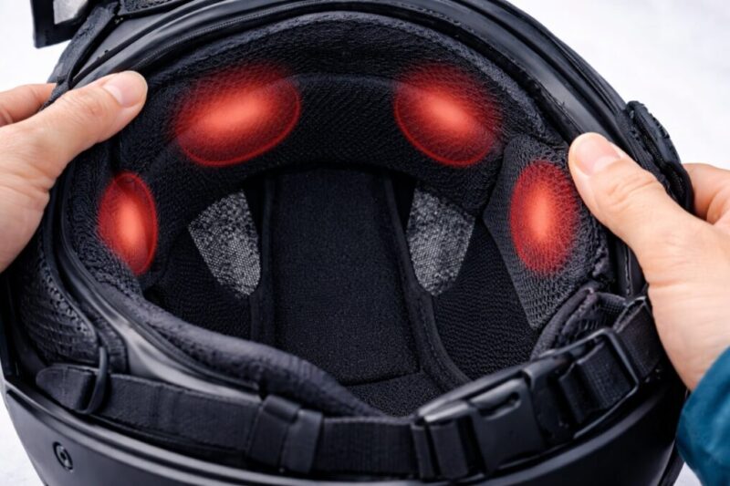 ヘルメットの内側パッドと当たりやすい部分が分かるクローズアップ写真