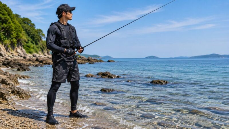 春から秋の浅い海岸でウェットタイツと速乾トップスを着用して釣りをする男性アングラー