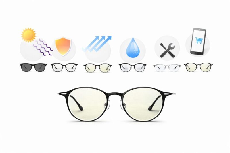 黒縁や細メタルのメガネを複数並べ、用途や機能の違いを比較しやすくした商品イメージ