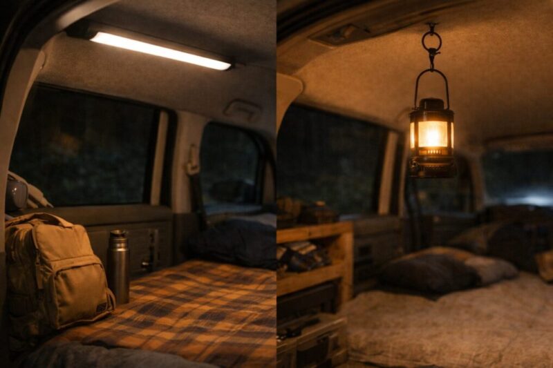 車中泊向けのバーライトとランタンを比較しているイメージ