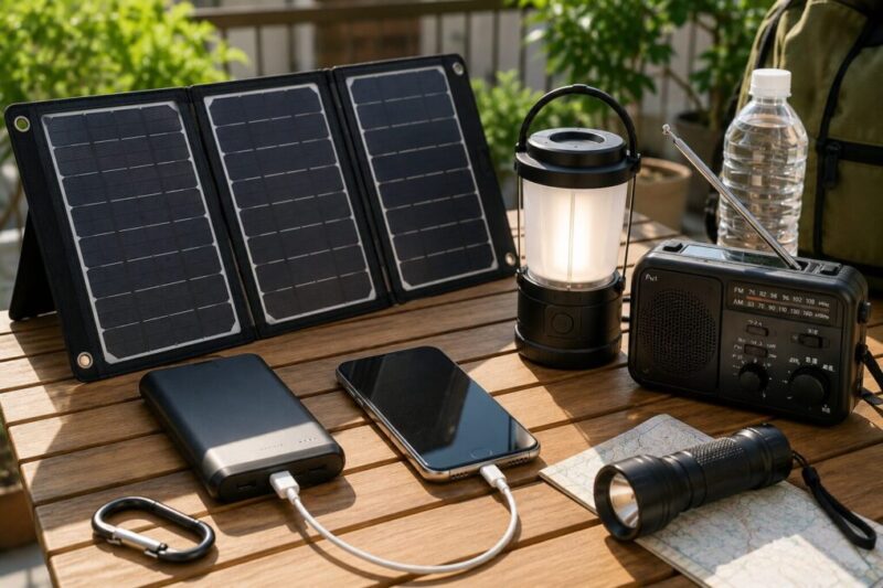 ソーラーパネルとLEDランタン、防災ラジオ、スマホを組み合わせて停電時の備えを整えた様子