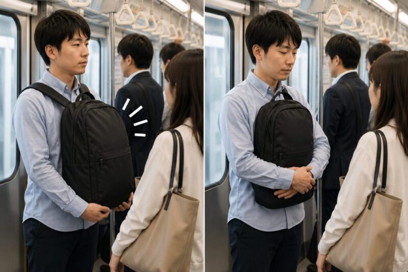 電車内でリュックを前に突き出した持ち方と体に寄せた持ち方を比較する様子