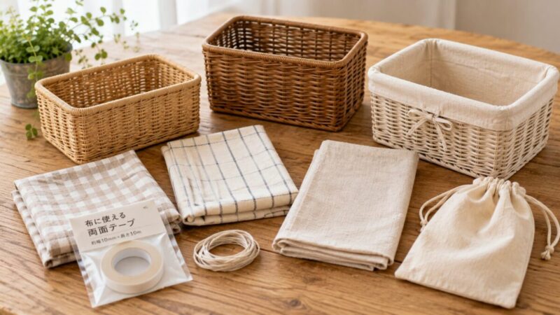 かご本体、ランチクロス、巾着、ひも、布用テープを木目テーブルに並べたピクニックバスケット用のDIY材料。